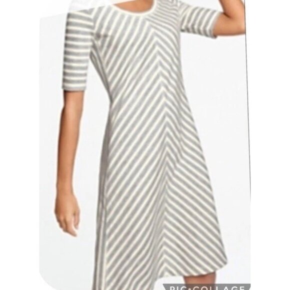 T by Talbots Striped A Line Dress Sz Small Petite Womens Short Sleeve Gray & Whi - Picture 1 of 16